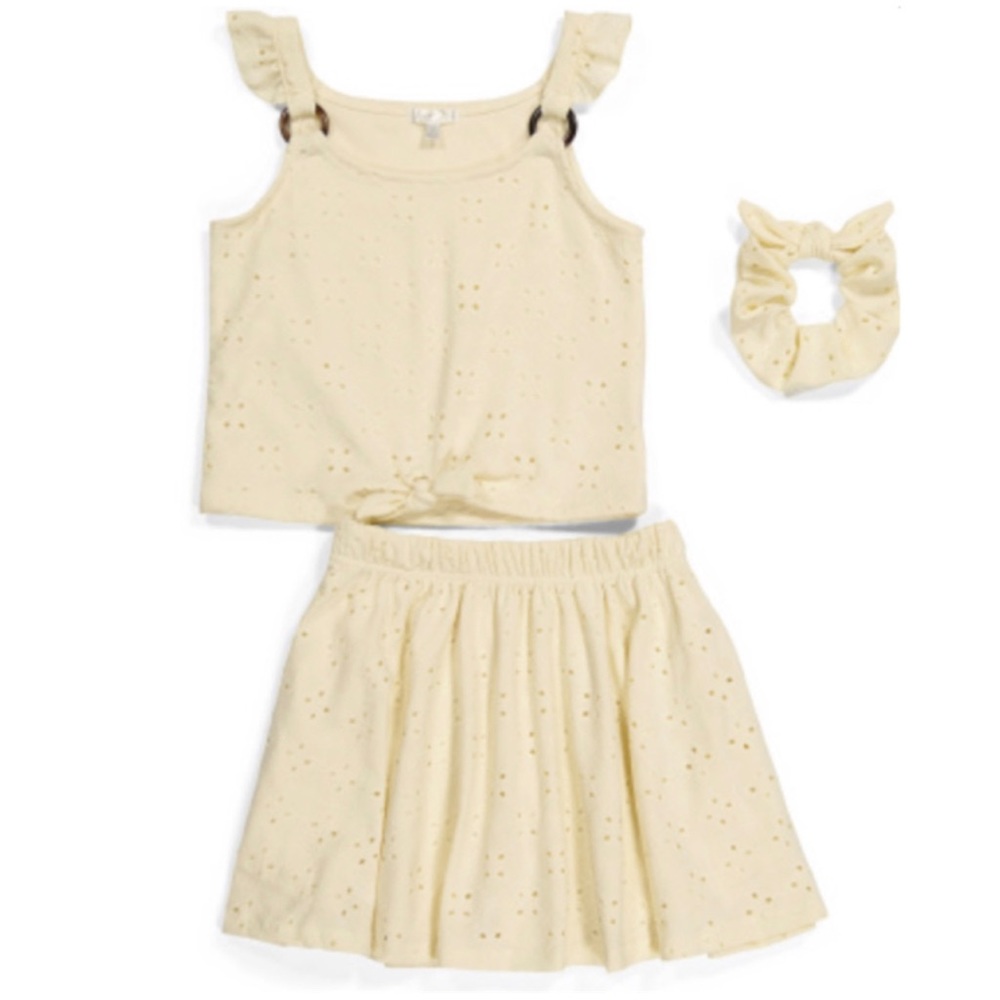 TAHARI Girl Big Kid 2pc Tie Front Top & Skirt Set with Scrunchie White Size 8